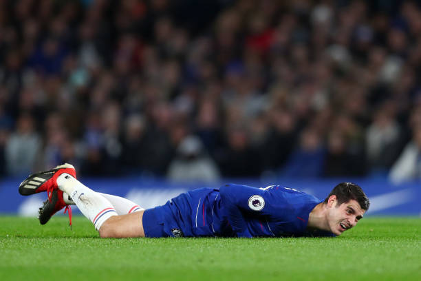 LONDON, ENGLAND - JANUARY 02:  Alvaro Morata of Chelsea goes down injured during the Premier League match between Chelsea FC and Southampton FC at Stamford Bridge on January 2, 2019 in London, United Kingdom.  (Photo by Clive Rose/Getty Images)