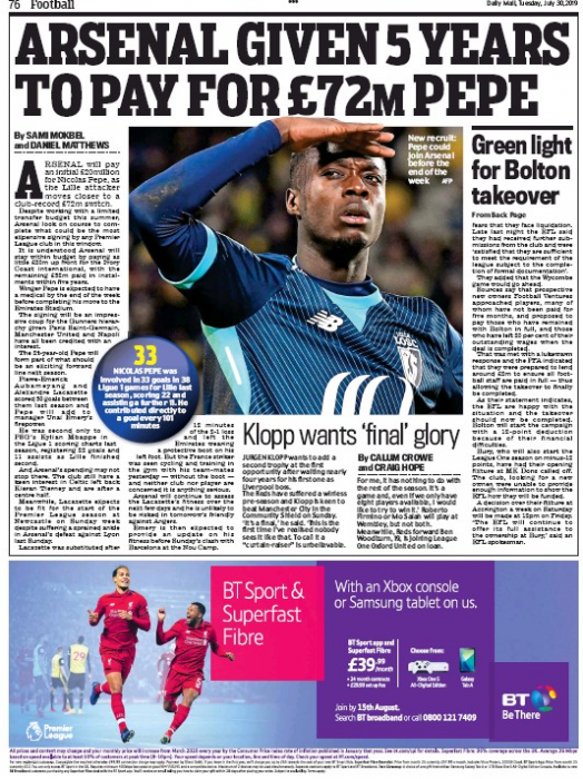 Arsenal given five years to pay for Pepe Daily Mail 30 July 2019