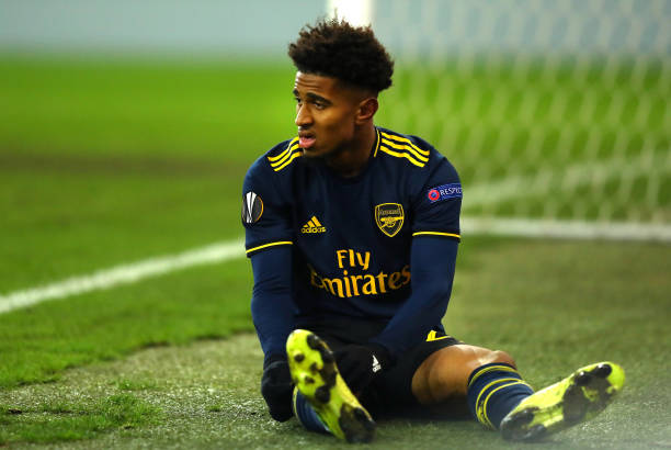 LIEGE, BELGIUM - DECEMBER 12: Reiss Nelson of Arsenal looks dejected after a missed chance during the UEFA Europa League group F match between Standard Liege and Arsenal FC at Stade Maurice Dufrasne on December 12, 2019 in Liege, Belgium. (Photo by Dean Mouhtaropoulos/Getty Images)