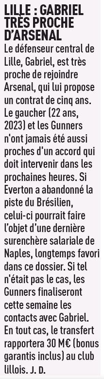 Gabriel close to Arsenal move according to L'Equipe, 20 August 2020