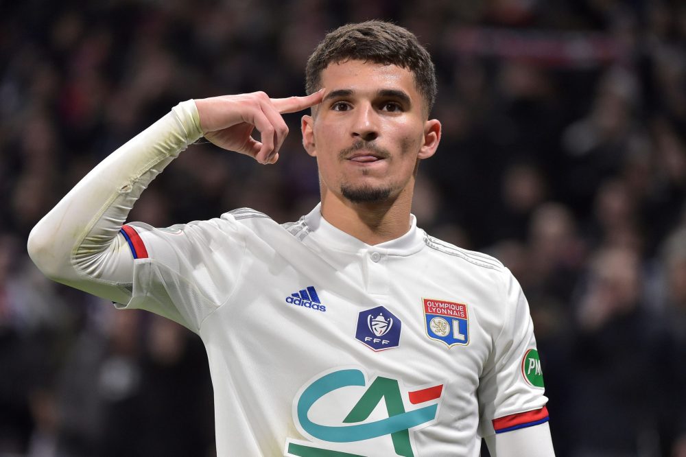 Lyon's French midfielder Houssem Aouar celebrates after scoring the opener during the French Cup quarter-final football match between Olympique Lyonnais and Olympique de Marseille at the Groupama stadium in Decines-Charpieu near Lyon, central eastern France on February 12, 2020. (Photo by ROMAIN LAFABREGUE / AFP) 