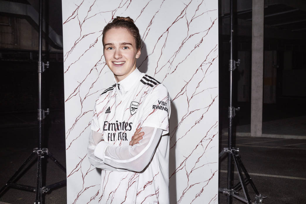 Vivianne Miedema helps launch the kit Arsenal women will wear on Saturday night