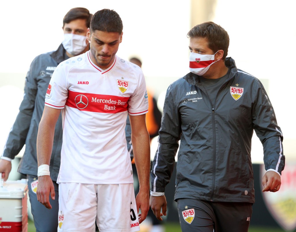 STUTTGART, GERMANY: Konstantinos Mavropanos of VfB Stuttgart leaves the pitch with an injury during the Bundesliga match between VfB Stuttgart and Bayer 04 Leverkusen at Mercedes-Benz Arena on October 03, 2020. (Photo by Adam Pretty/Getty Images)