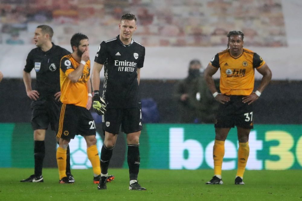 Arsenal's German goalkeeper Bernd Leno (2R) leaves the field on being red carded looks on during the English Premier League football match between Wolverhampton Wanderers and Arsenal at the Molineux stadium in Wolverhampton, central England on February 2, 2021. (Photo by Nick Potts / POOL / AFP)